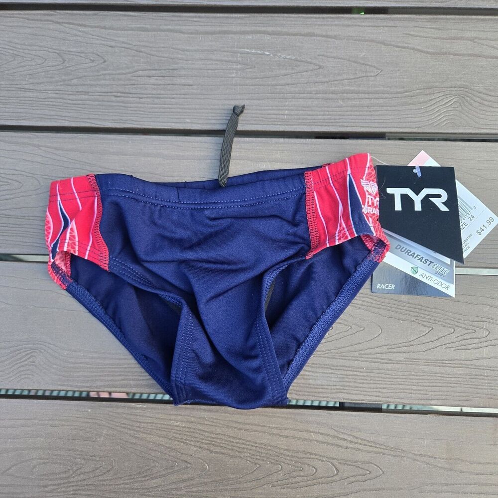 TYR DuraFast Elite Phoenix Destroyer Navy/red Racer Boys Swim Brief Sz 24 New